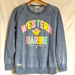 Simply Southern Western Barbie crew neck sweatshirt raglan sleeves denim sz S/M